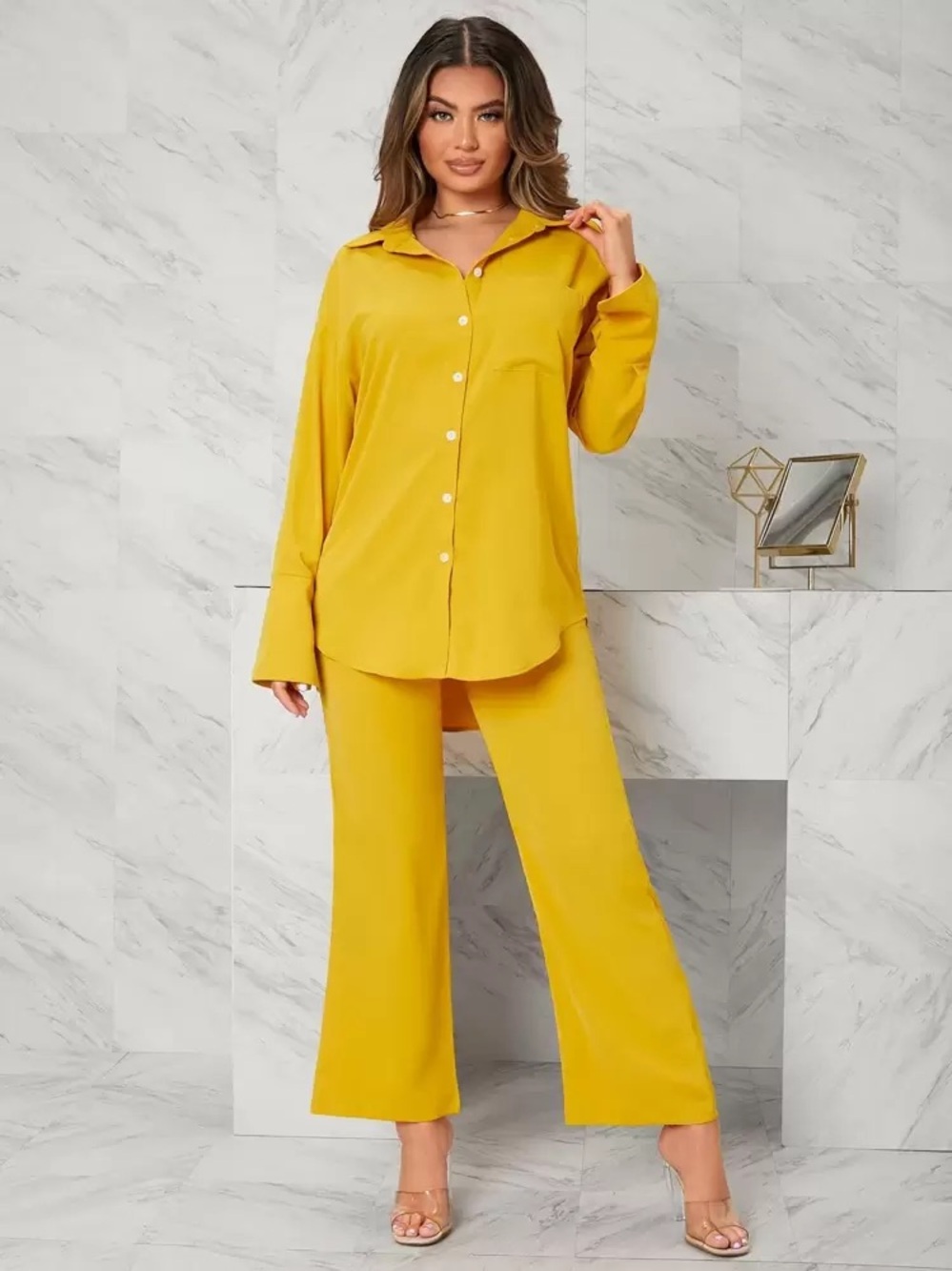 SHEIN Mustard Yellow Button-Up Shirt & Wide Leg Pants Set
